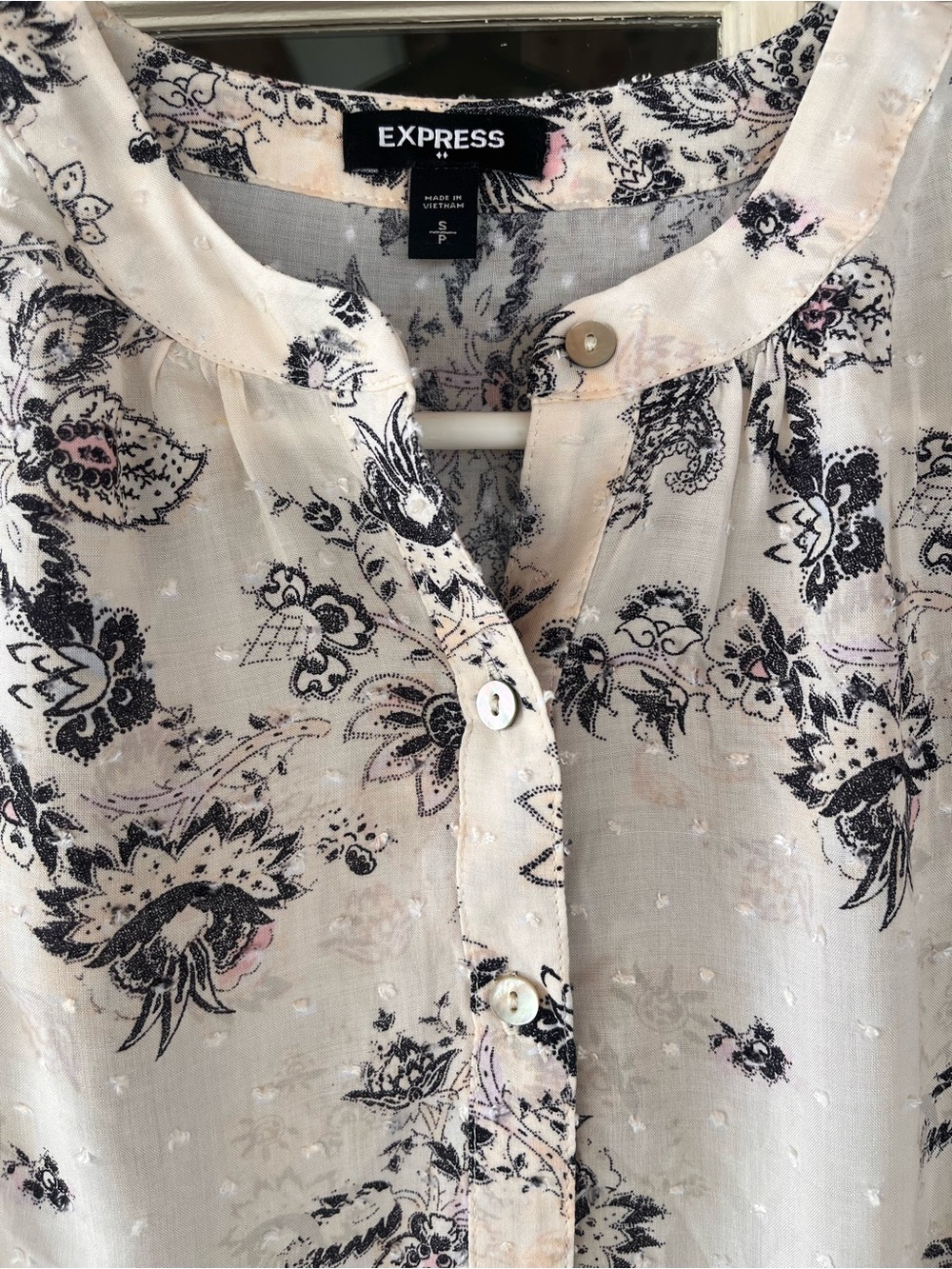 Express Cream Floral Ruffle Button-Front Blouse - Picture 2 of 8